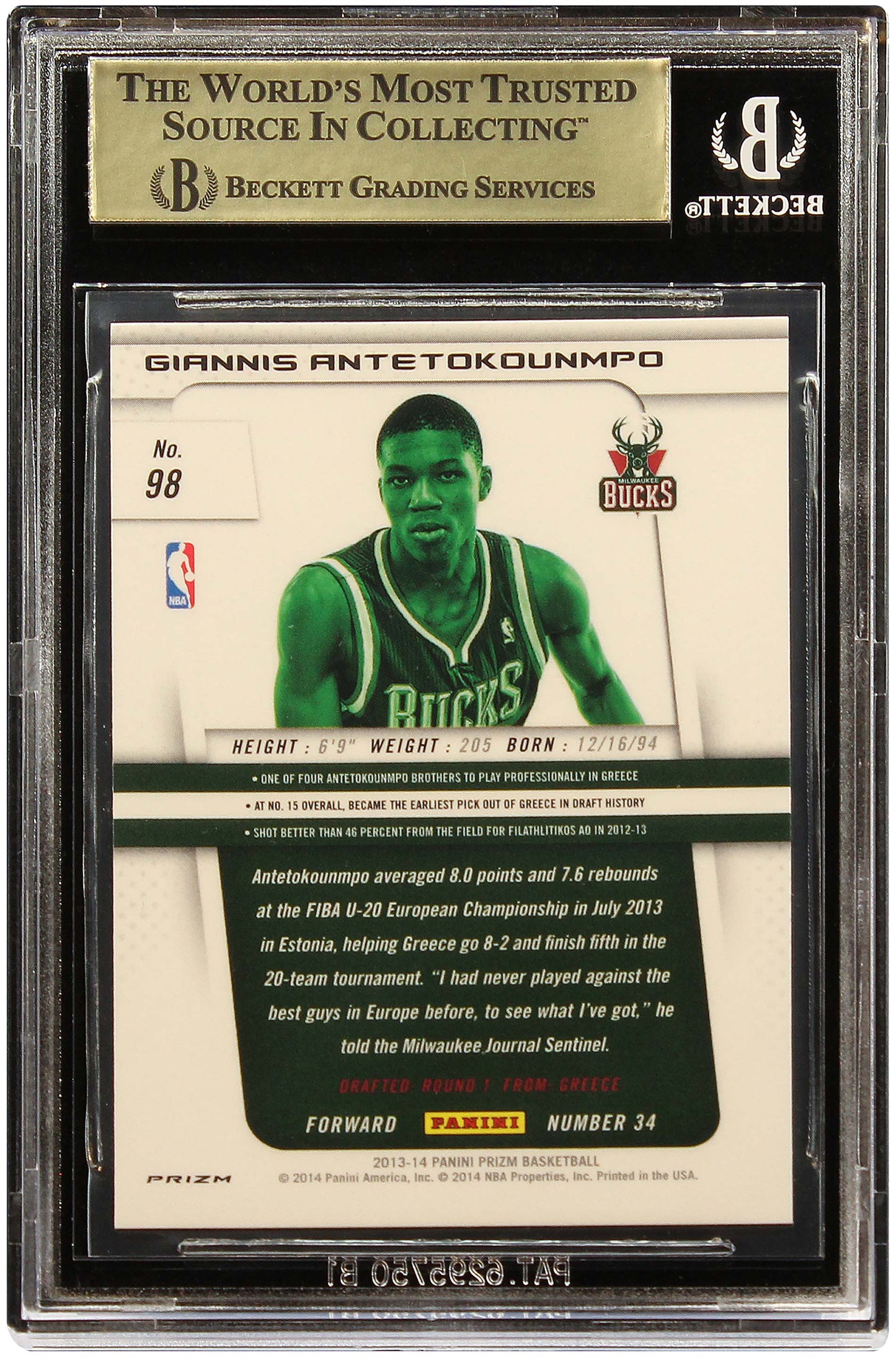 2013-14 Giannis Antetokounmpo Panini Prizm Red White Blue Mosaic Monster Box RC Rookie #98 Bgs 9.5