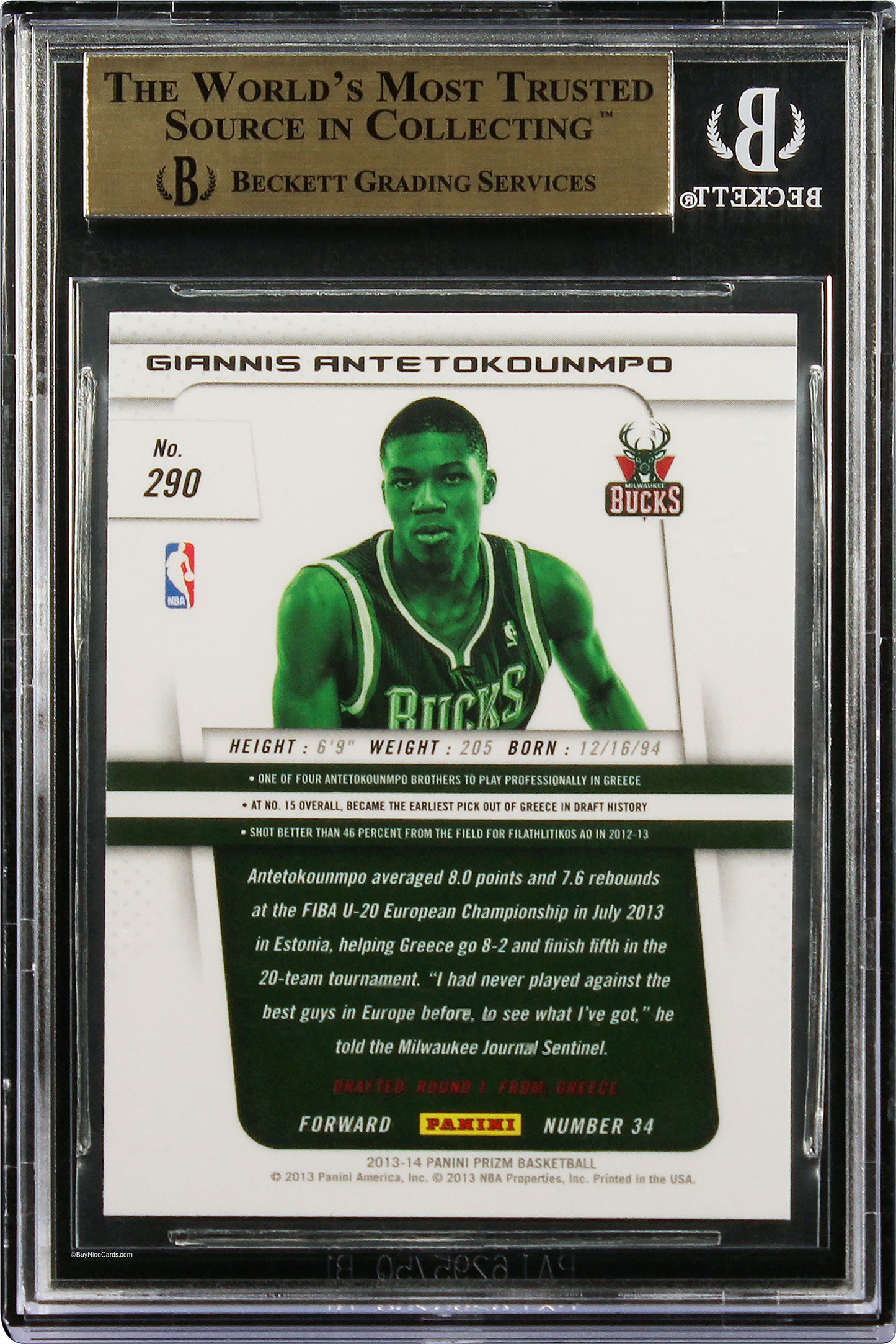 2013-14 Giannis Antetokounmpo Panini Prizm Base Rc Rookie #290 Bgs 10 Pristine