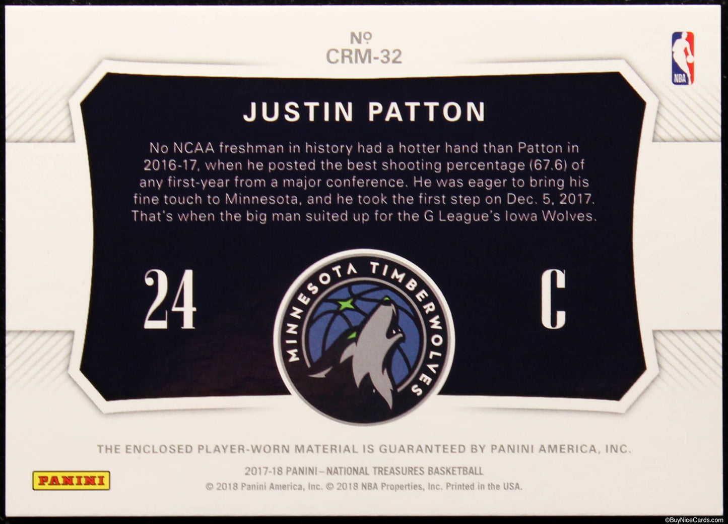2017-18 Justin Patton Panini National Treasures Colossal Rookie Gold /25