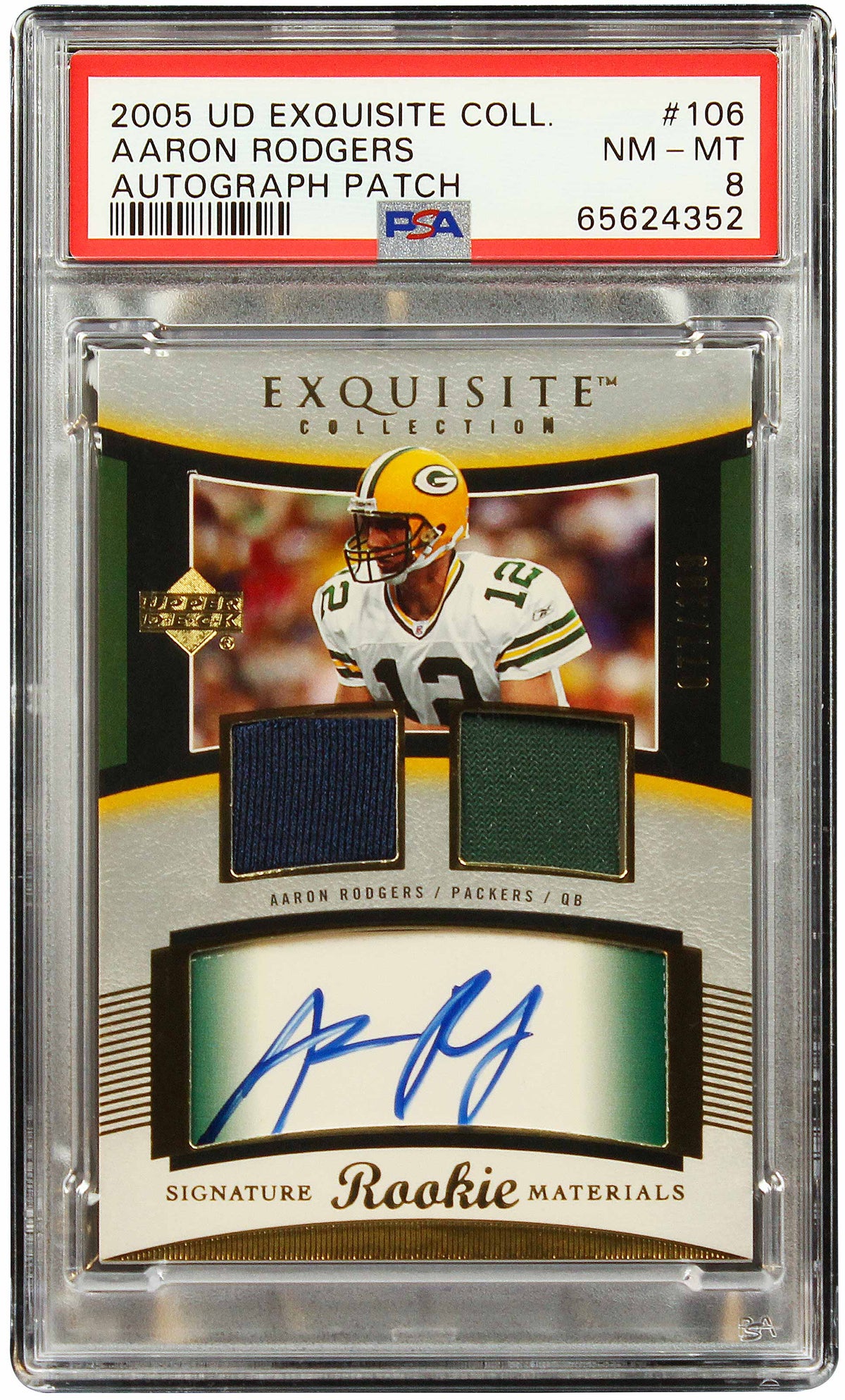 2005 Aaron Rodger Upper Deck Exquisite Collection RC Rookie Patch Auto /99 #106 PSA 8 NM-MT