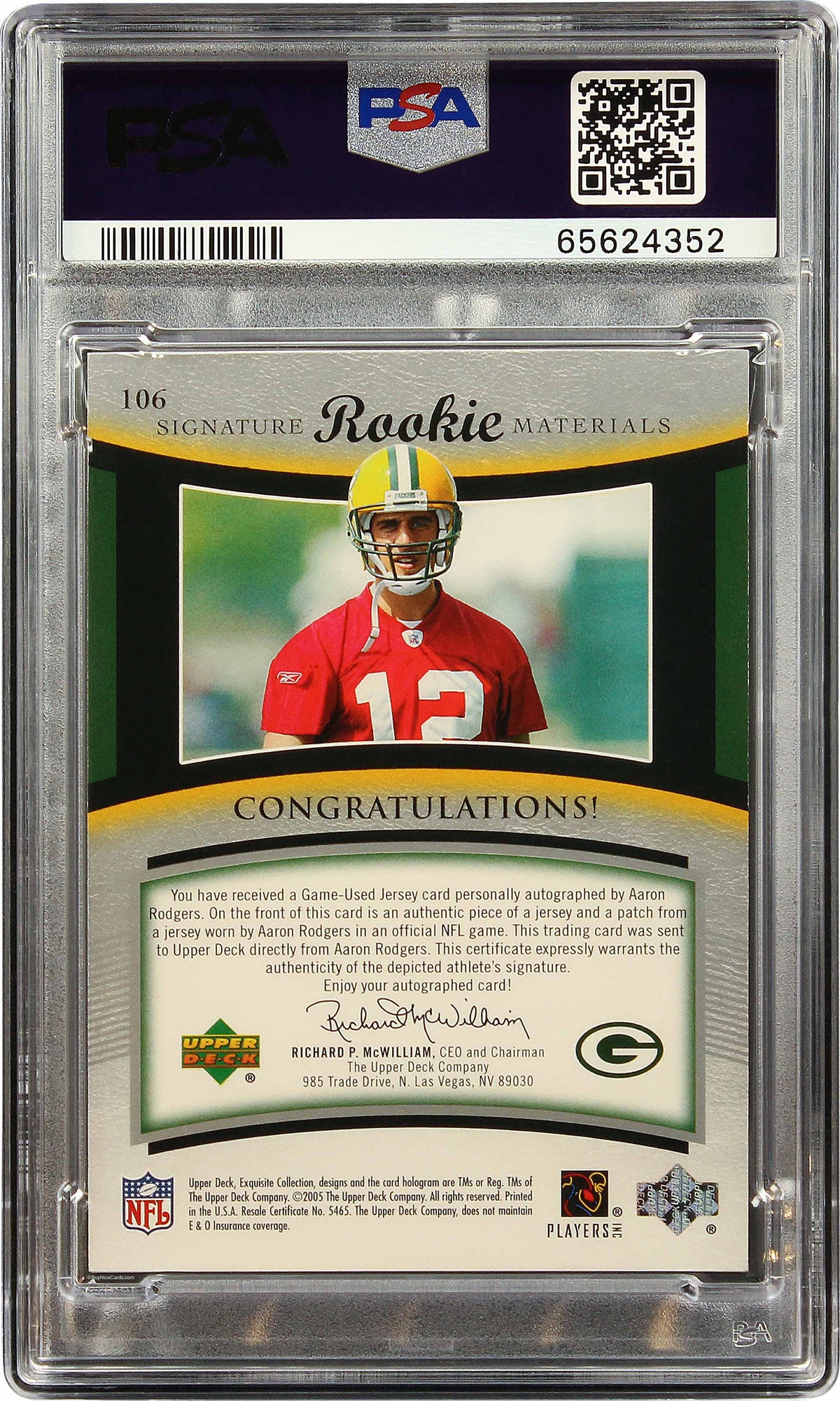 2005 Aaron Rodger Upper Deck Exquisite Collection RC Rookie Patch Auto /99 #106 PSA 8 NM-MT