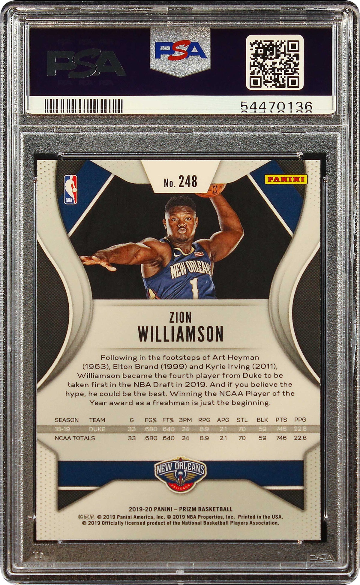 2019 Zion Williamson Panini Prizm Ball in Hand Variation SP RC Rookie #248 PSA 10 Gem Mint