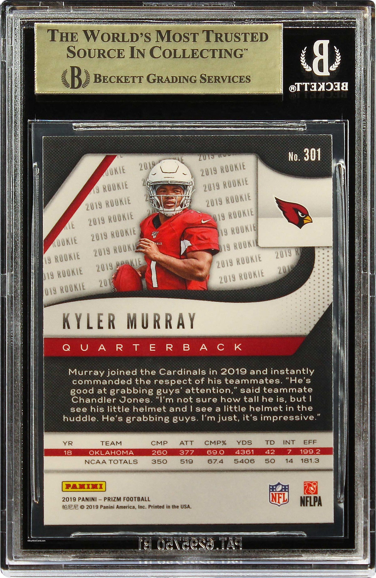 2019 Kyler Murray Panini Base RC Rookie #301 BGS 9.5 Gem Mint