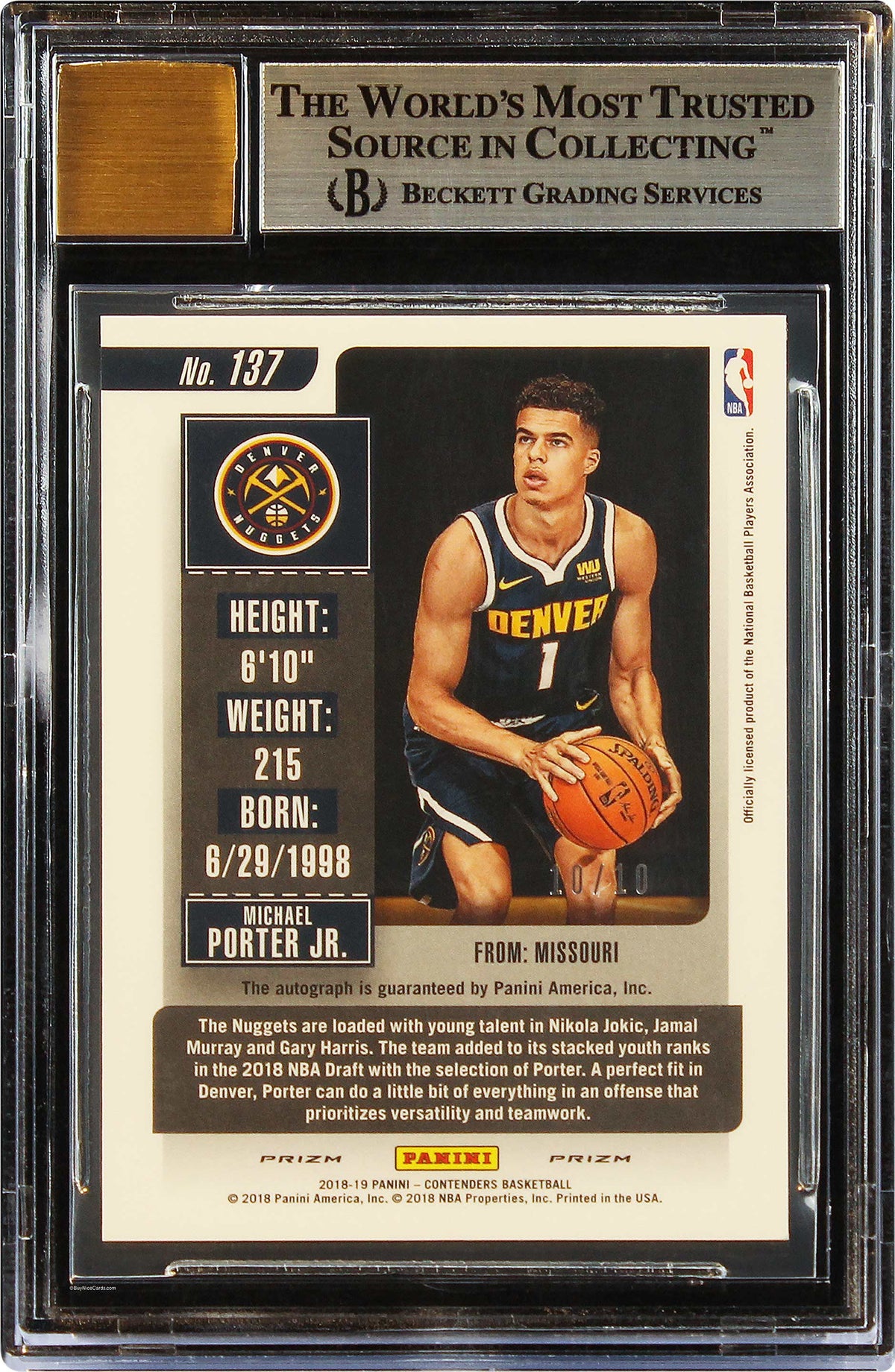 2018-19 Michael Porter Panini Contenders Premium Gold RC Rookie Auto /10 BGS 9 / 10