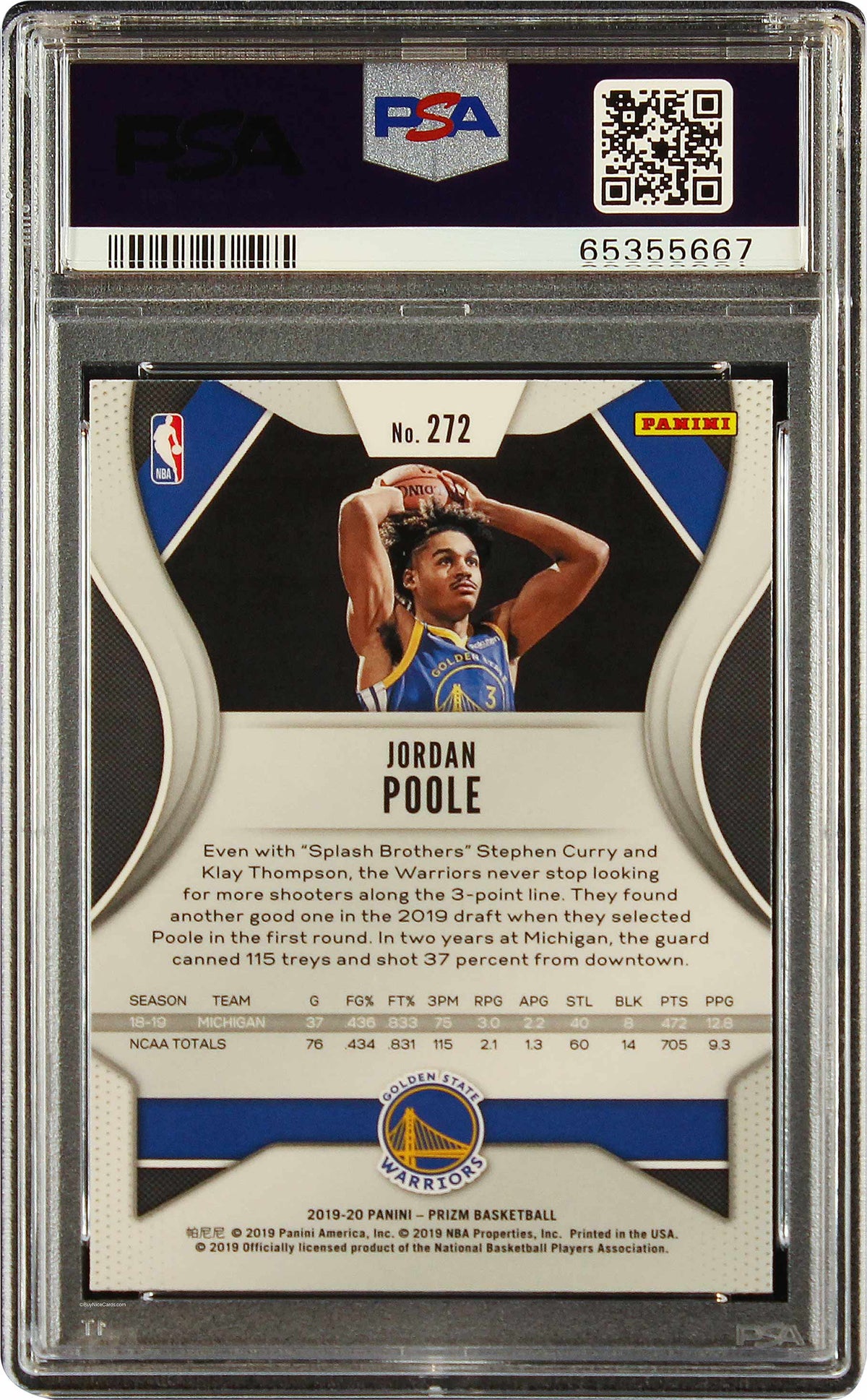 2019 Jordan Poole Panini Prizm Base RC Rookie #272 PSA 10 Gem Mint