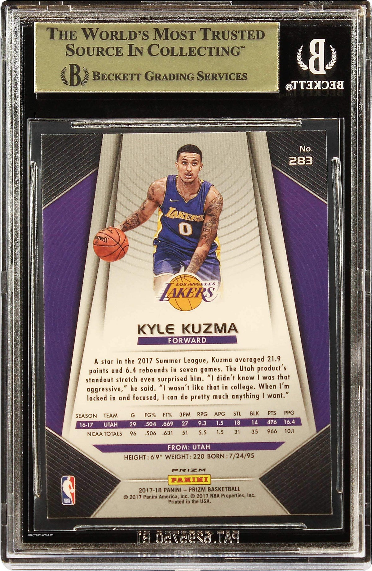 2017-18 Kyle Kuzma Panini Prizm Silver Prizms Refractor SP RC Rookie #283 BGS 9.5