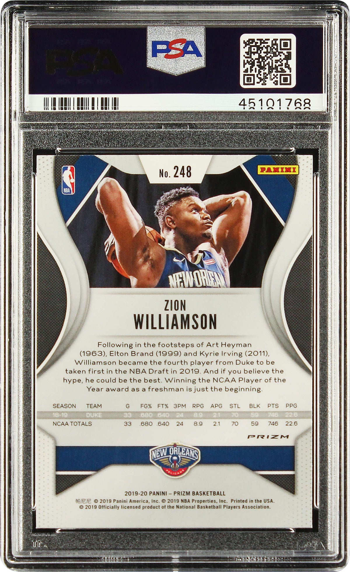 2019 Zion Williamson Panini Prizm Silver Prizms Refractor SP RC Rookie #248 PSA 10 Gem Mint