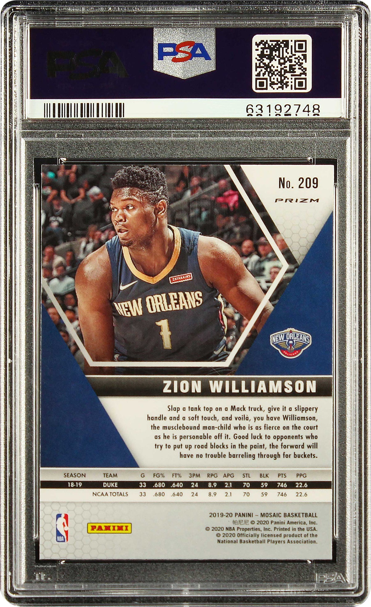 2019 Zion Williamson Panini Mosaic Genesis SP RC Rookie #209 PSa 10 Gem Mint