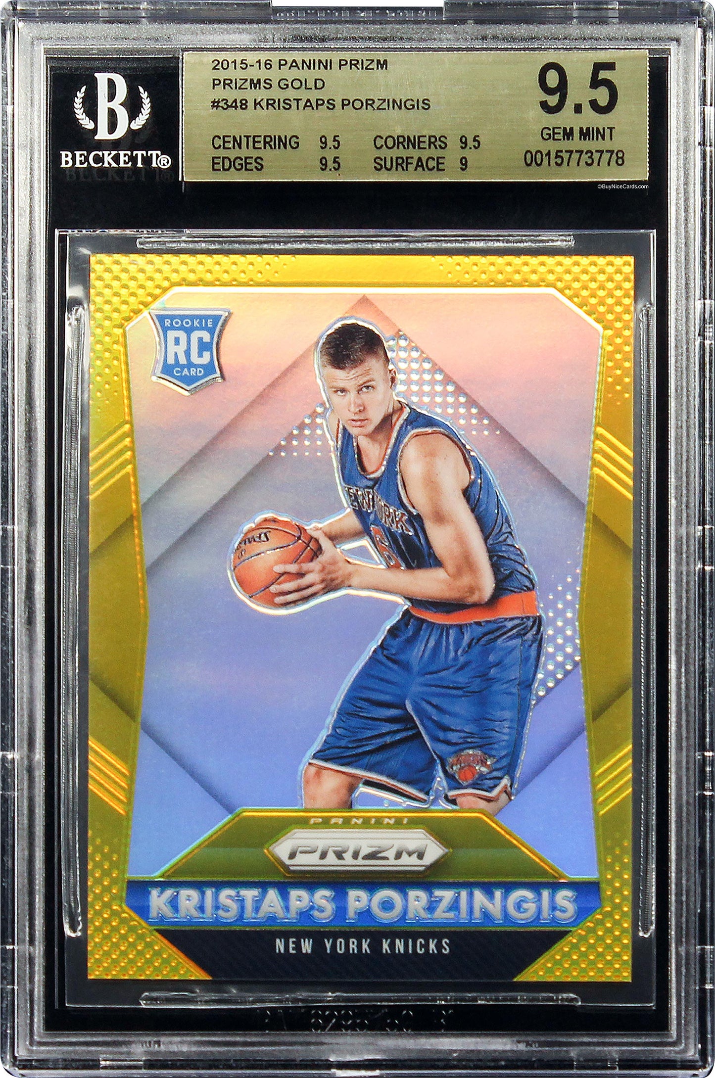 2015-16 Kristaps Porzingis Panini Prizm Prizms Gold SP RC Rookie #348 /10 BGS 9.5 Gem Mint