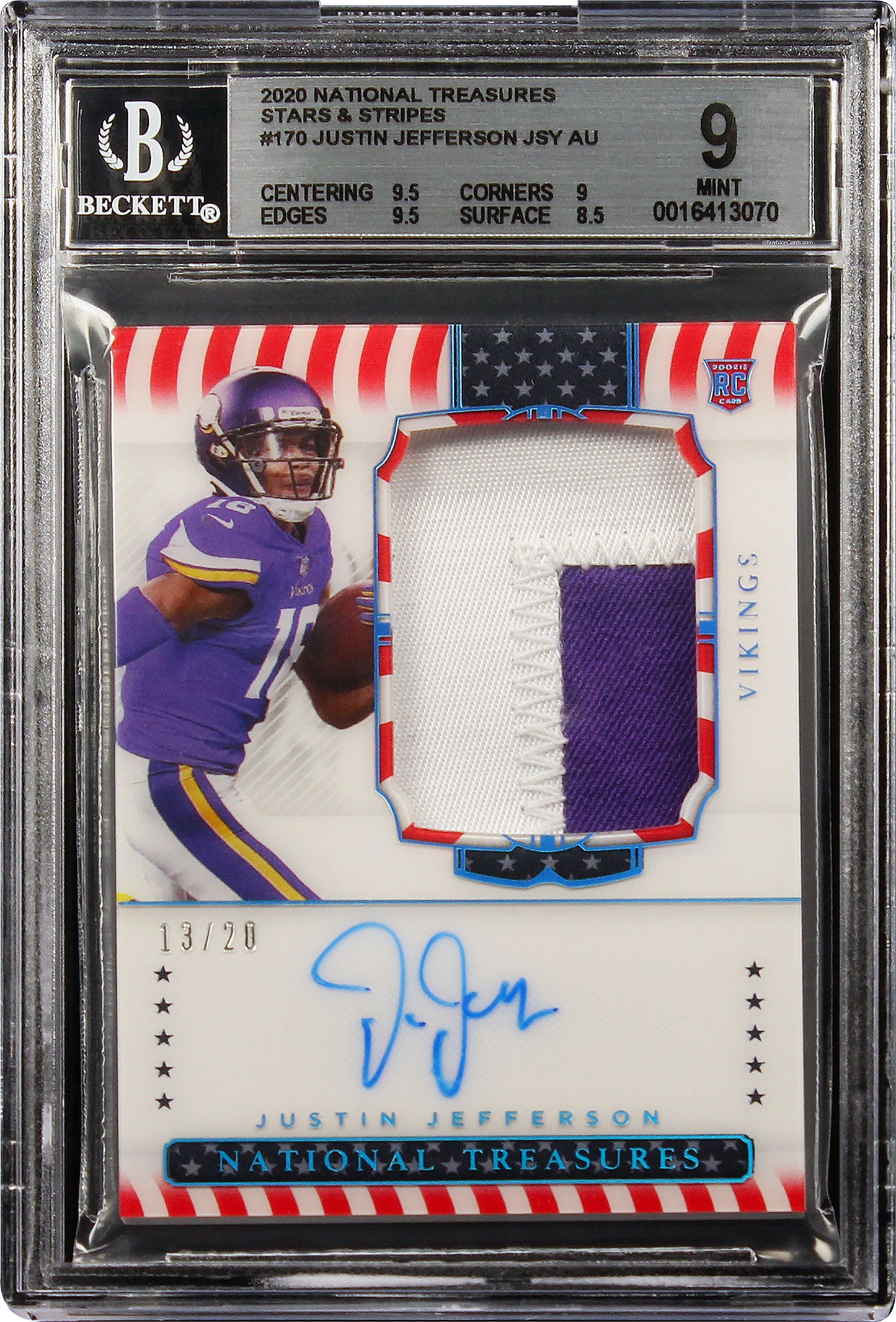 2020 Justin Jefferson National Treasures Stars & Stripes Rc Auto #170 Bgs 9