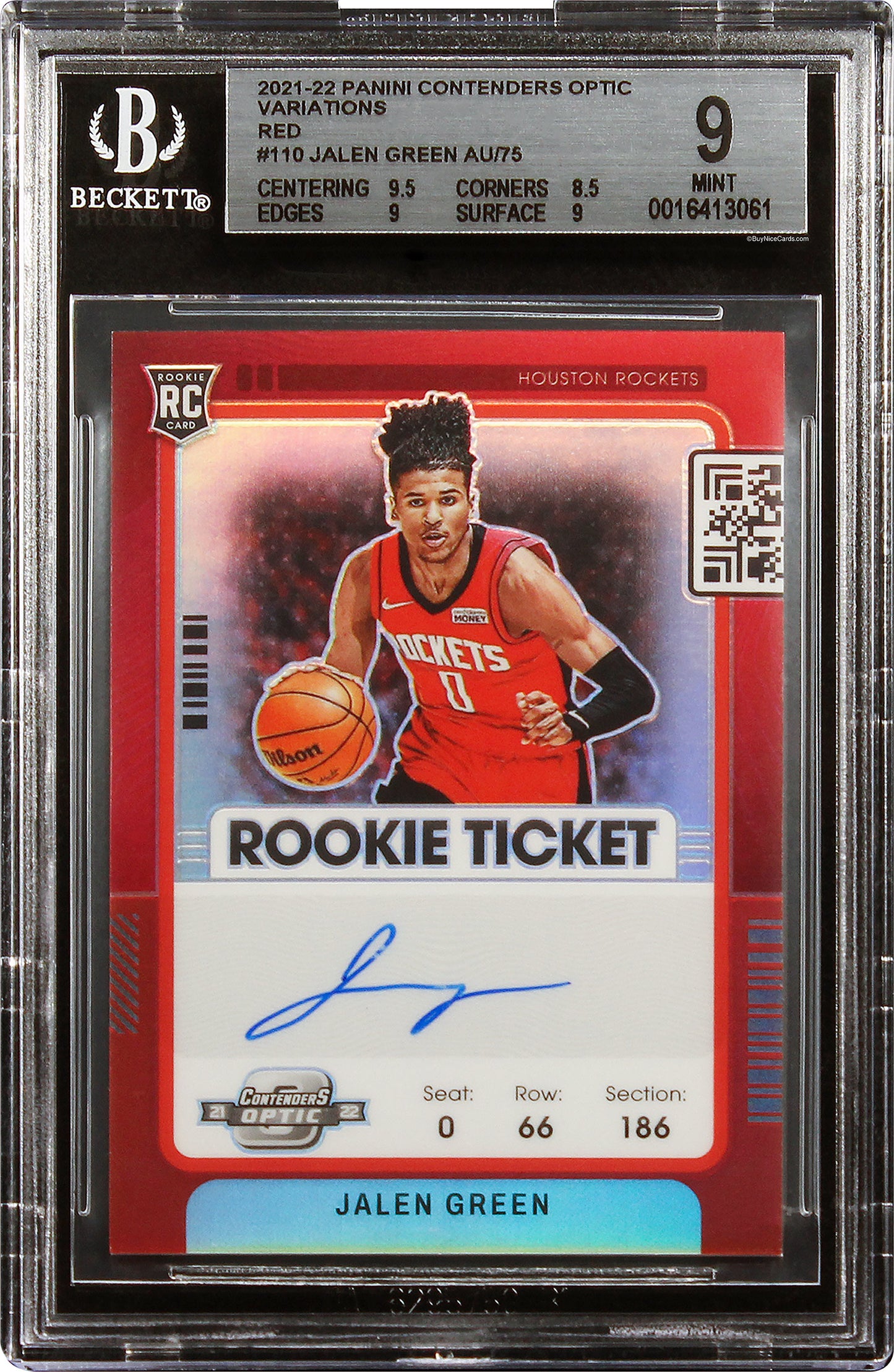 2021-22 Jalen Green Panini Contenders Optic Red Rc Rookie Auto /75 #110 Bgs 9