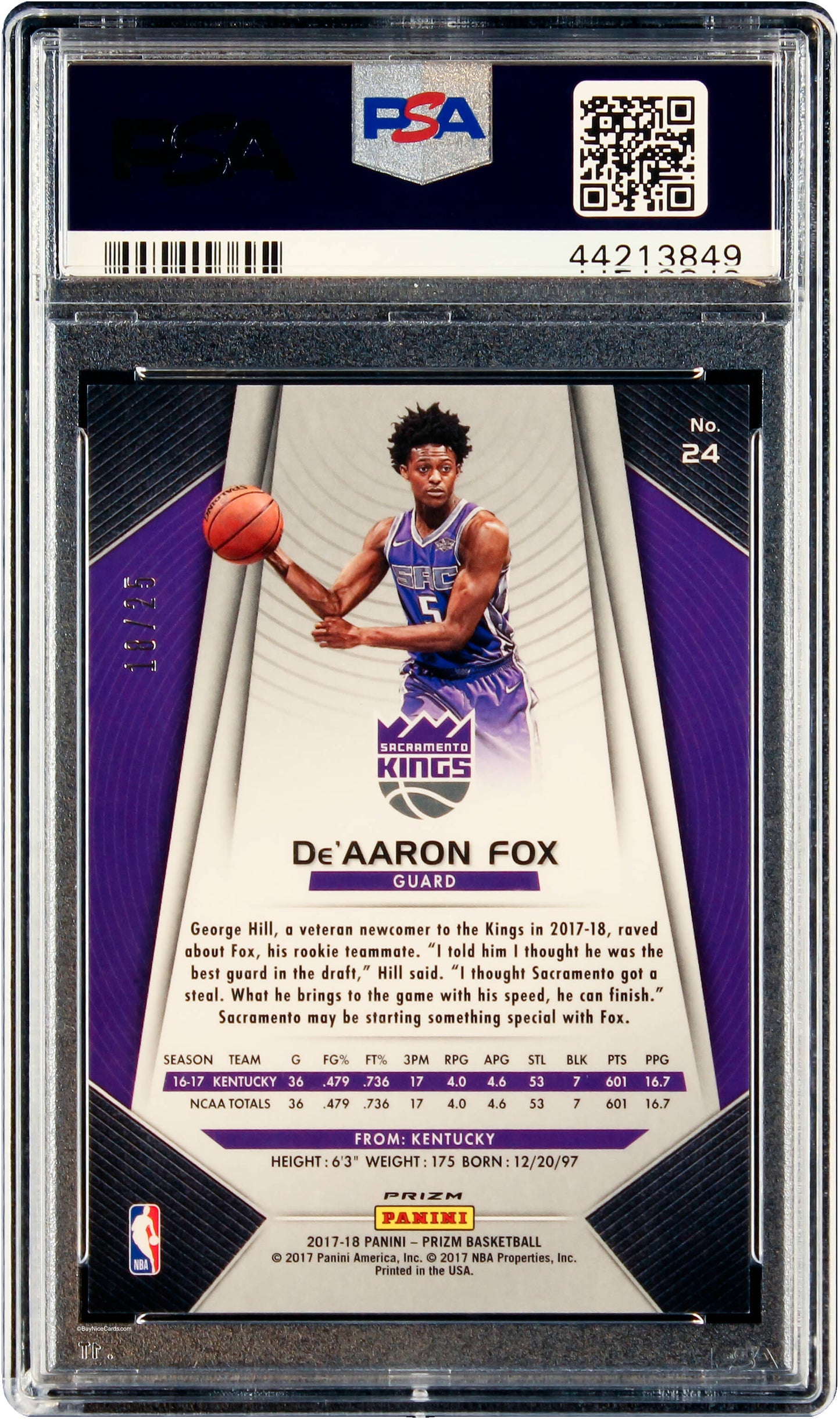 2017 De'aaaron Fox Panini Prizm Green Pulsar Prizms #24 Sp Rc Rookie /25 Psa 10