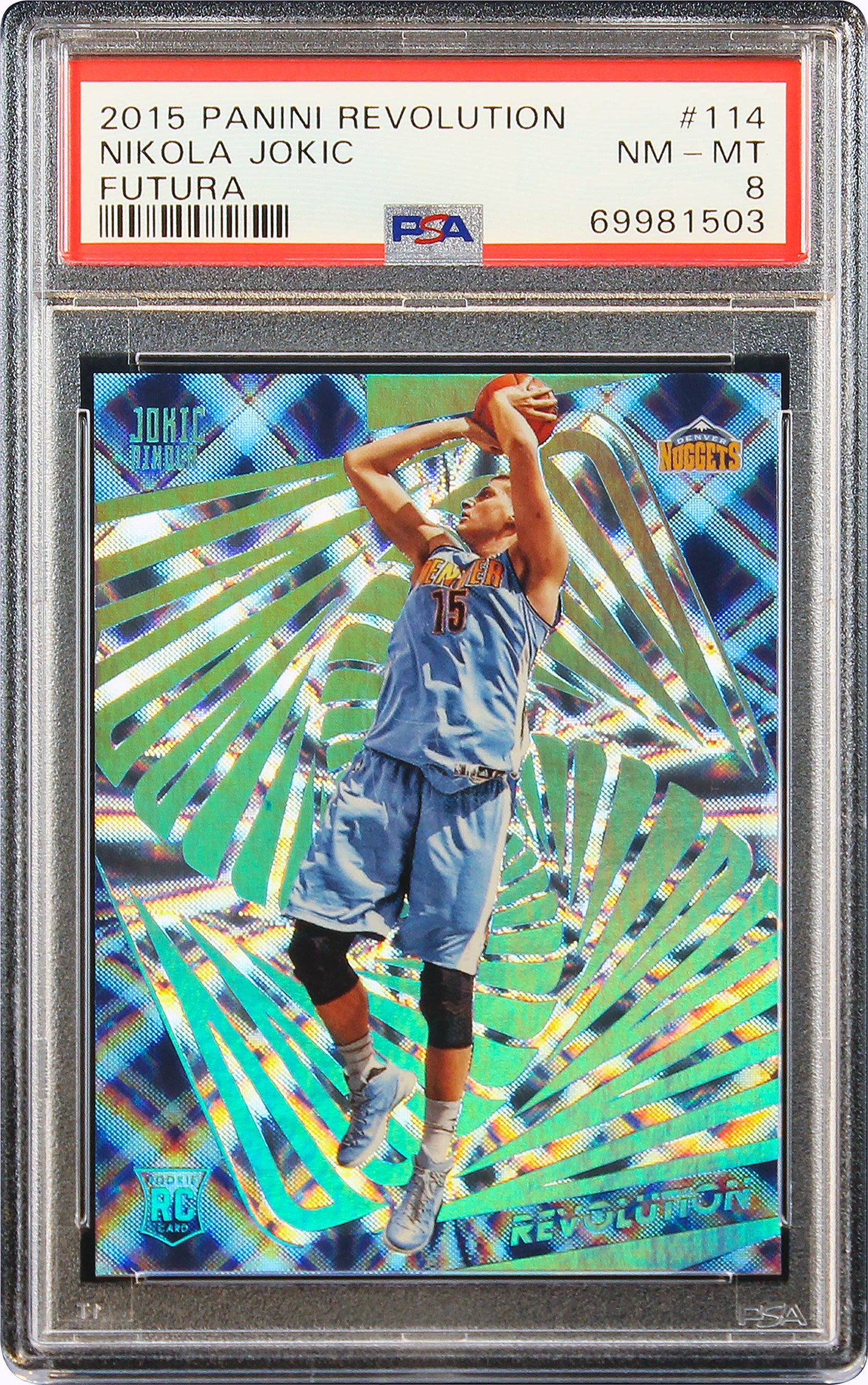 2015 Nikola Jokic Panini Revolution Futura RC Jersey Number 15/25 #114 PSA 8