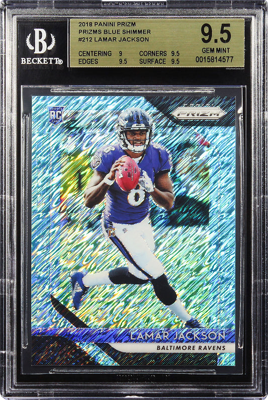 2018 Lamar Jackson Panini Prizm Blue Shimmer Prizms Sp Rc Rookie /9 #212 Bgs 9.5