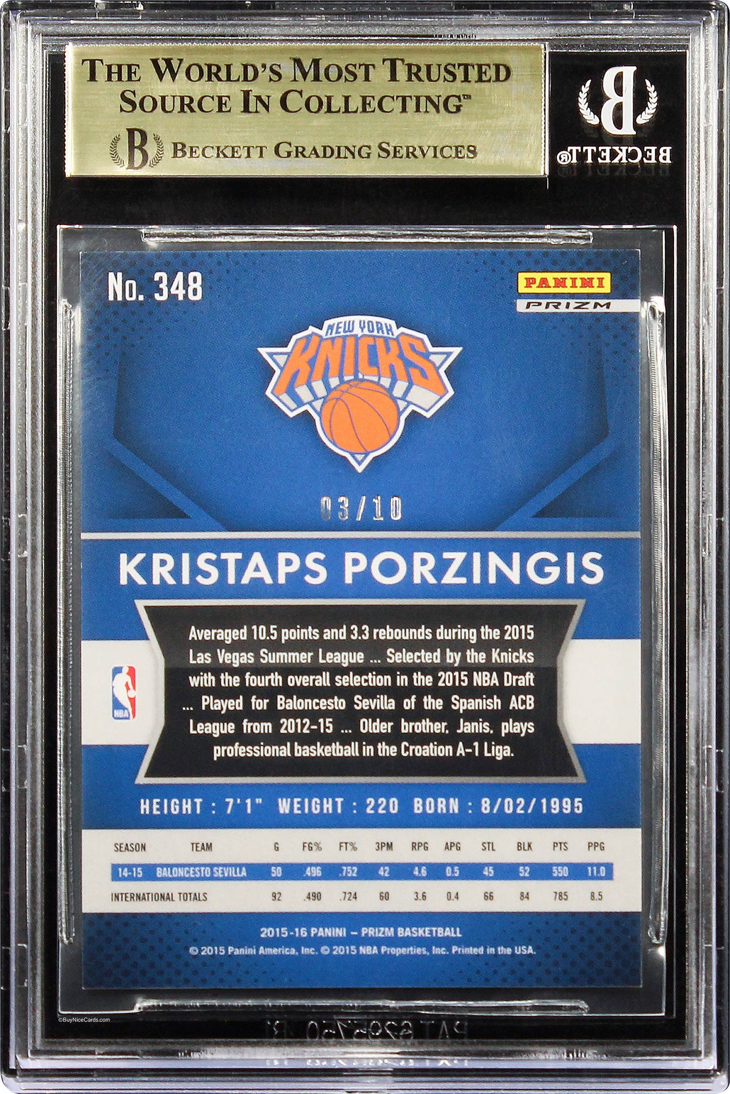2015-16 Kristaps Porzingis Panini Prizm Prizms Gold SP RC Rookie #348 /10 BGS 9.5 Gem Mint