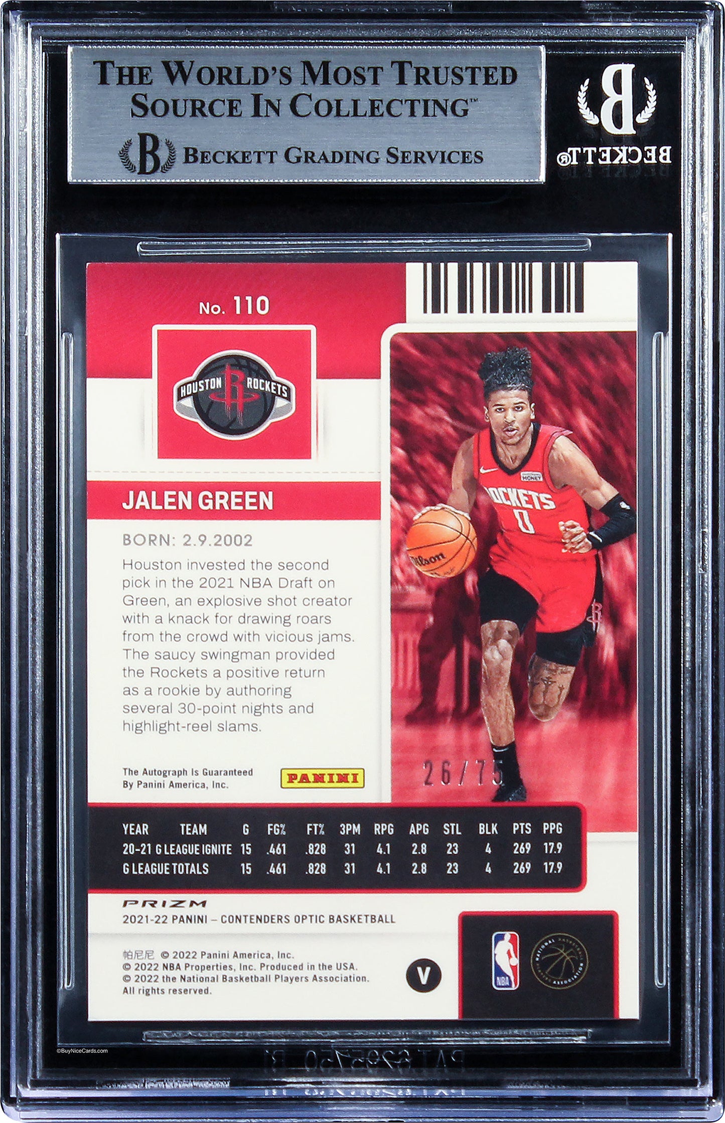 2021-22 Jalen Green Panini Contenders Optic Red Rc Rookie Auto /75 #110 Bgs 9