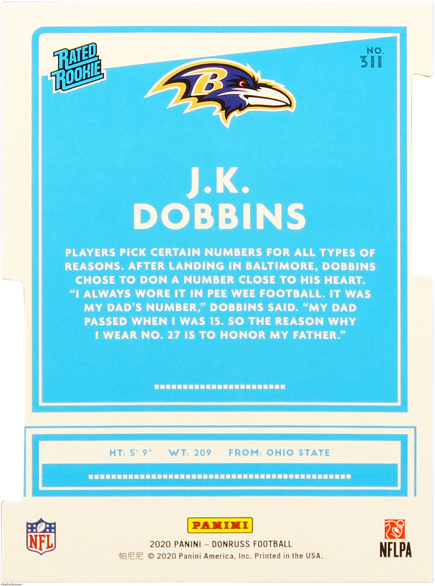 2020 J.k. Dobbins Panini Donruss Rated Rookie Press Proof 1/1 Rc Rookie #311