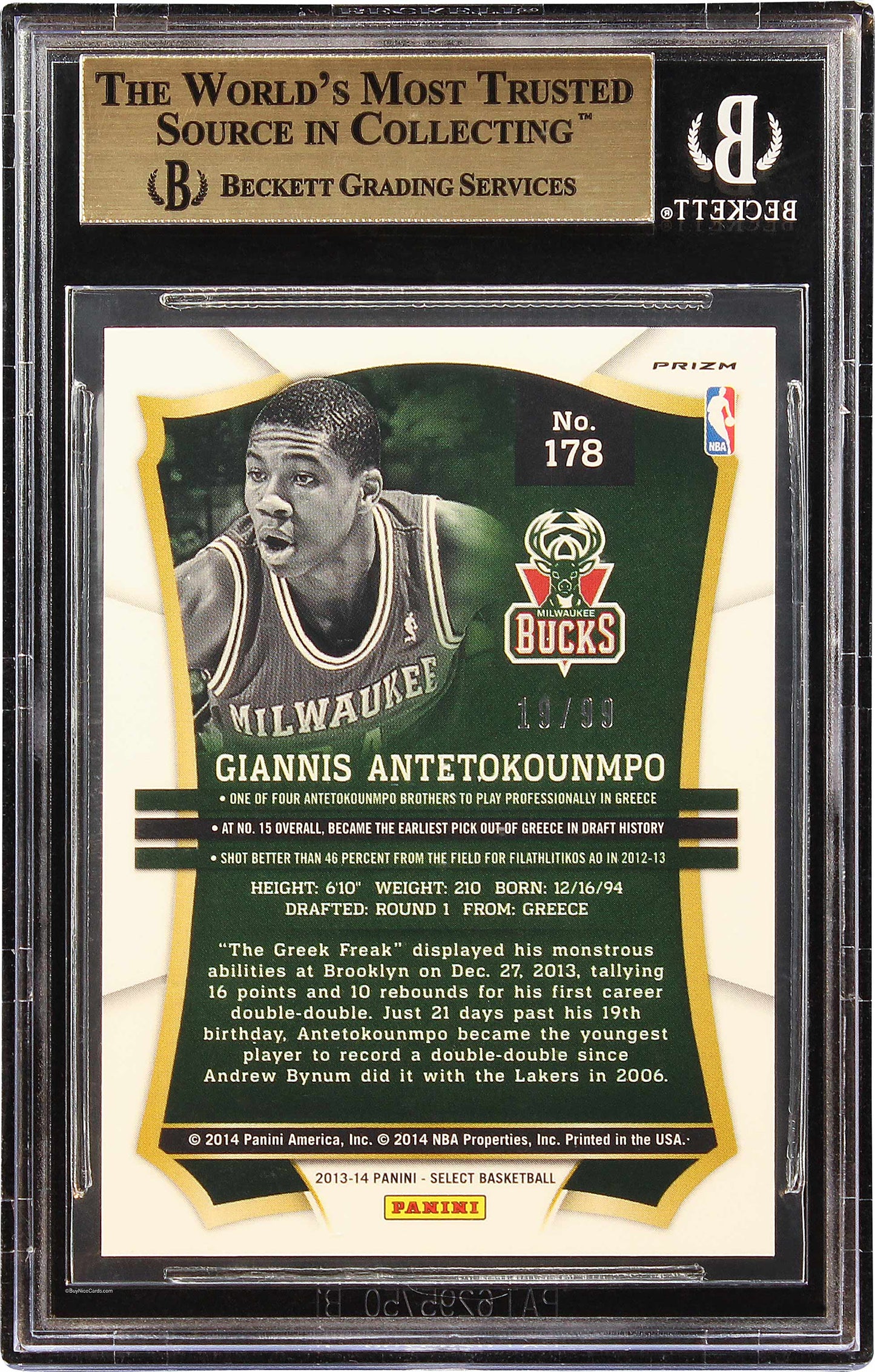 2013-14 Giannis Antetokounmpo Panini Select Prizms Purple Pulsar Rc /99 Bgs 9.5