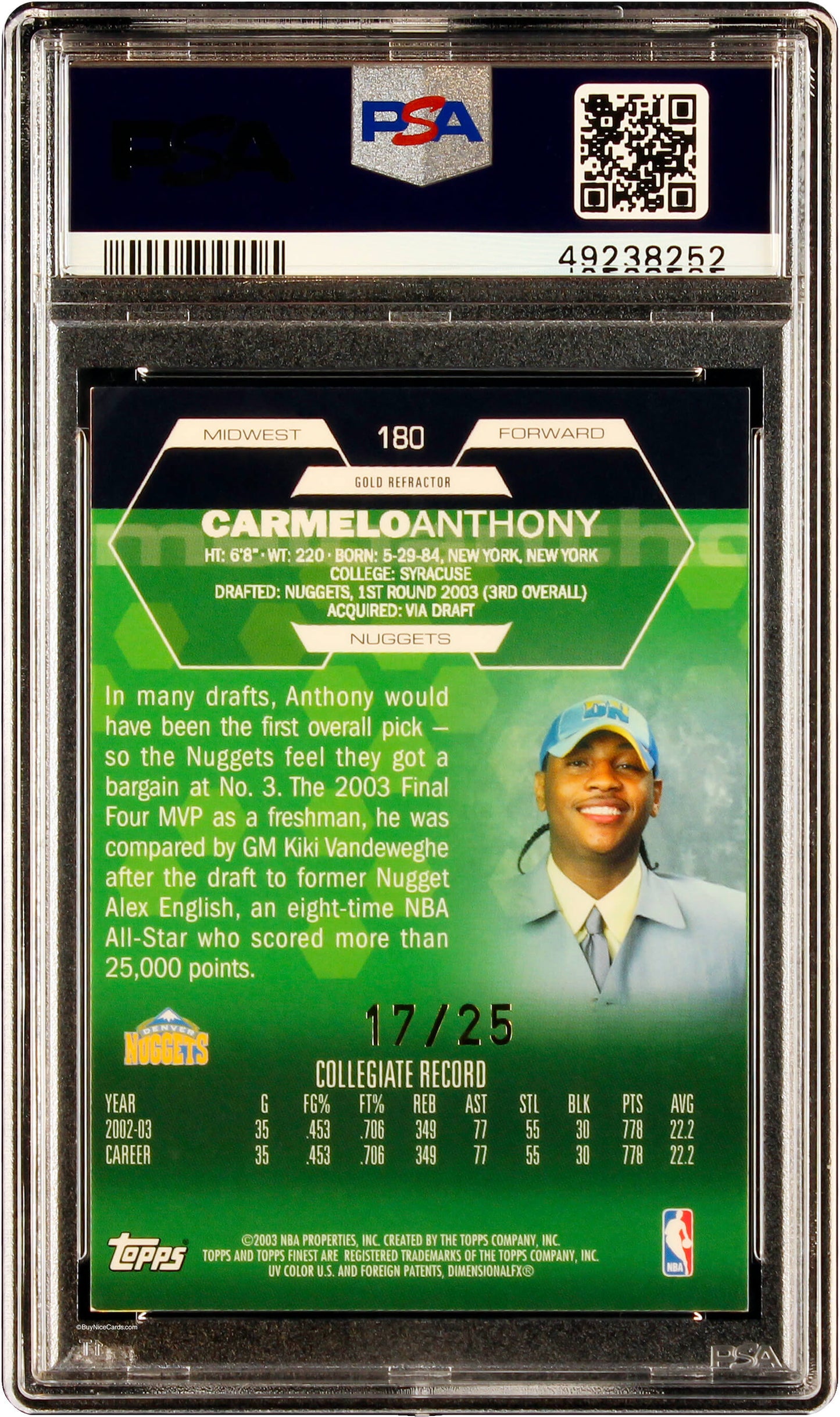 2002 Carmelo Anthony Topps Finest XRC Gold Refractor SP RC Rookie /25 !180 PSA 8.5
