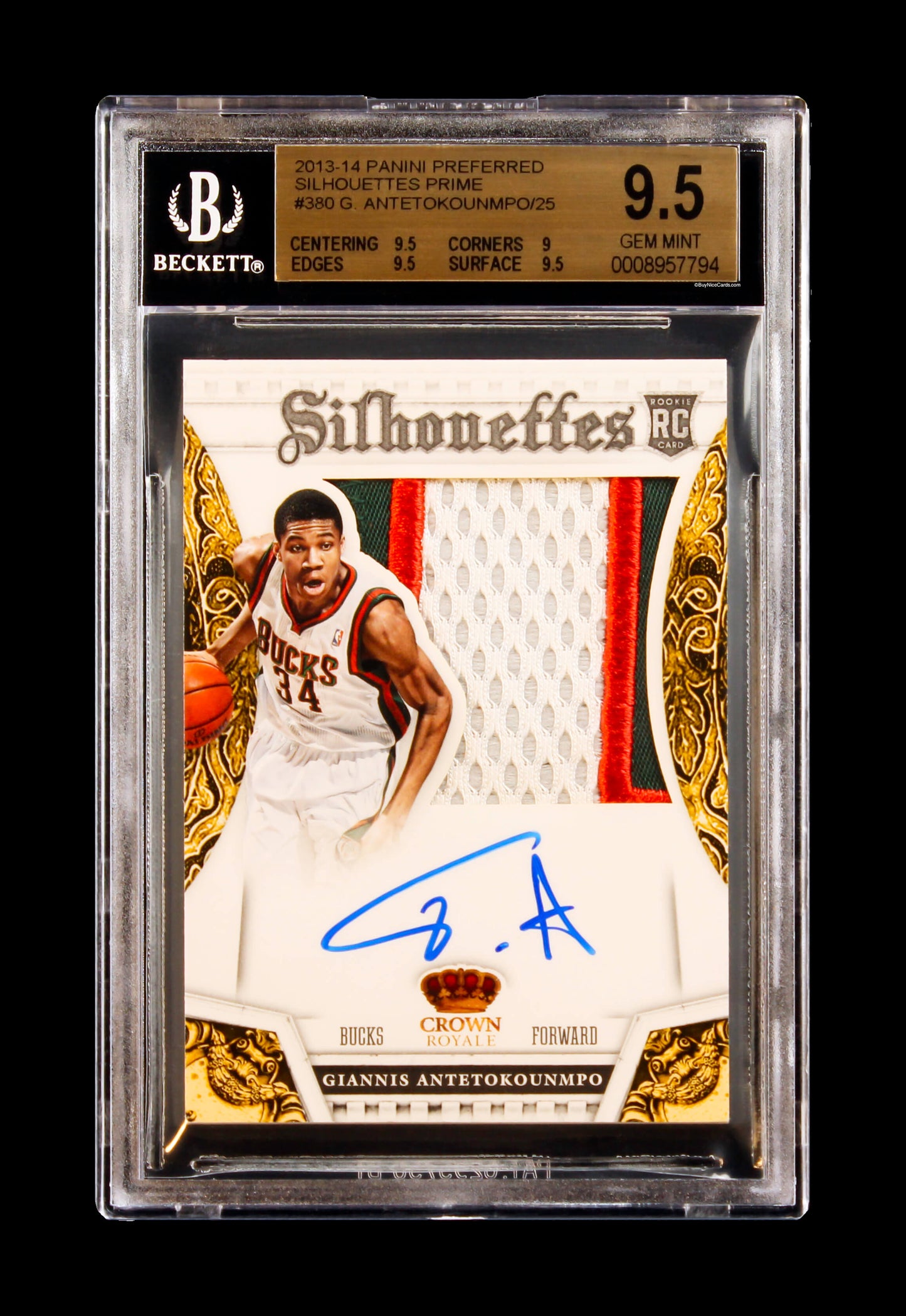 2013-14 Giannis Antetokounmpo Panini Preferred Silhouettes Prime Patch Auto /25 #380 BGS 9.5 / 10