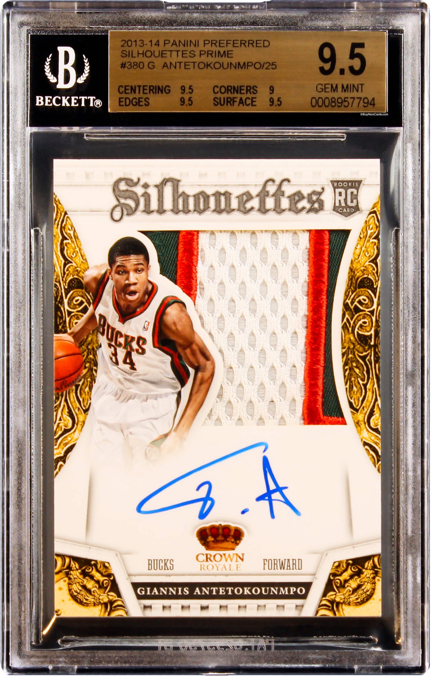 2013-14 Giannis Antetokounmpo Panini Preferred Silhouettes Prime Patch Auto /25 #380 BGS 9.5 / 10