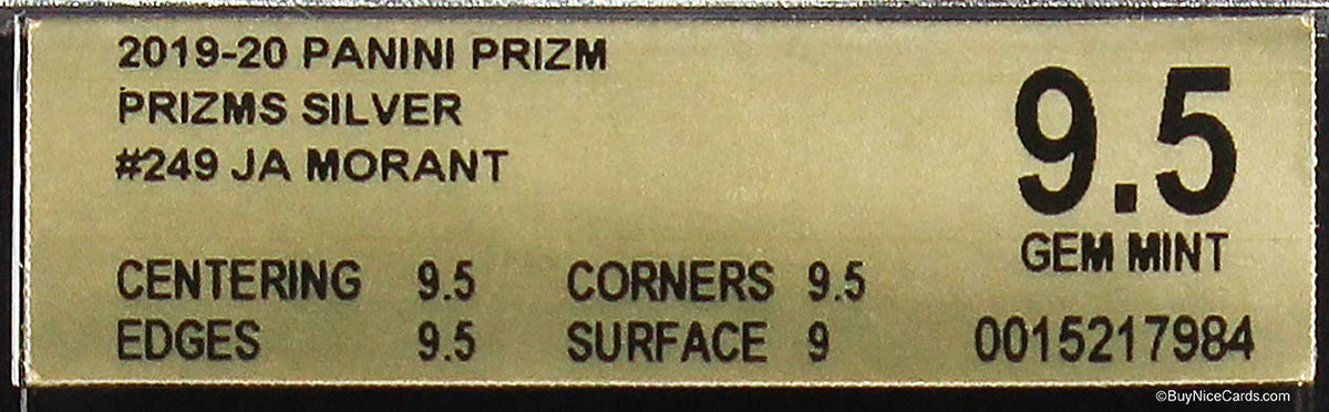 2019-20 Ja Morant Panini Prizm Silver Prizms Refractor SP RC Rookie #249 BGS 9.5 Gem Mint