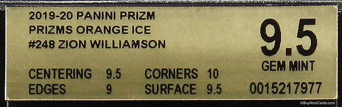 2019-20 Zion Williamson Panini Prizm Orange Ice Prizms SP RC Rookie #248 BGS 9.5 Gem Mint